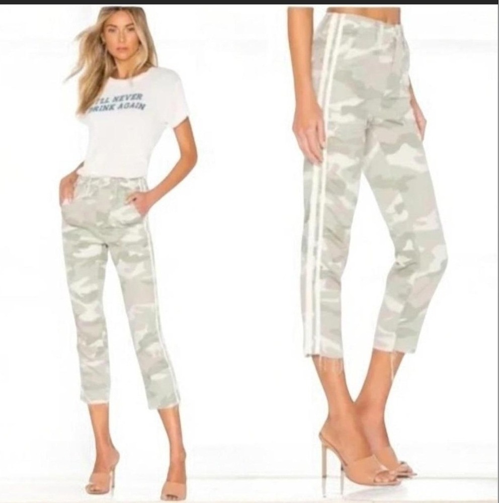 MOTHER The Shaker Chop Crop Fray Desert Camo Stripe Linen Blend Pants Sz 26‎